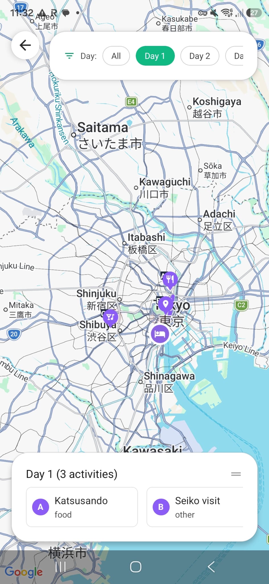 Travel Buddy itinerary shown on a map of Tokyo